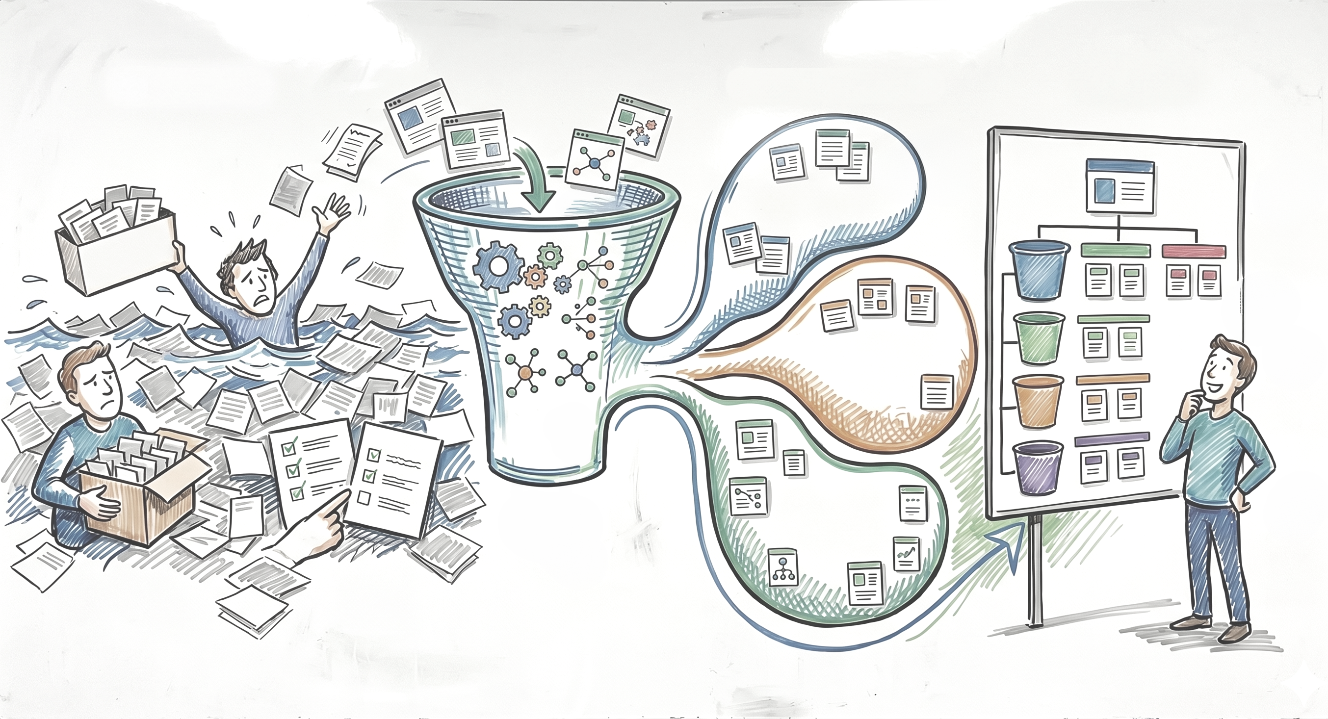 Illustration of AI-assisted clustering turning content complexity into taxonomy structure